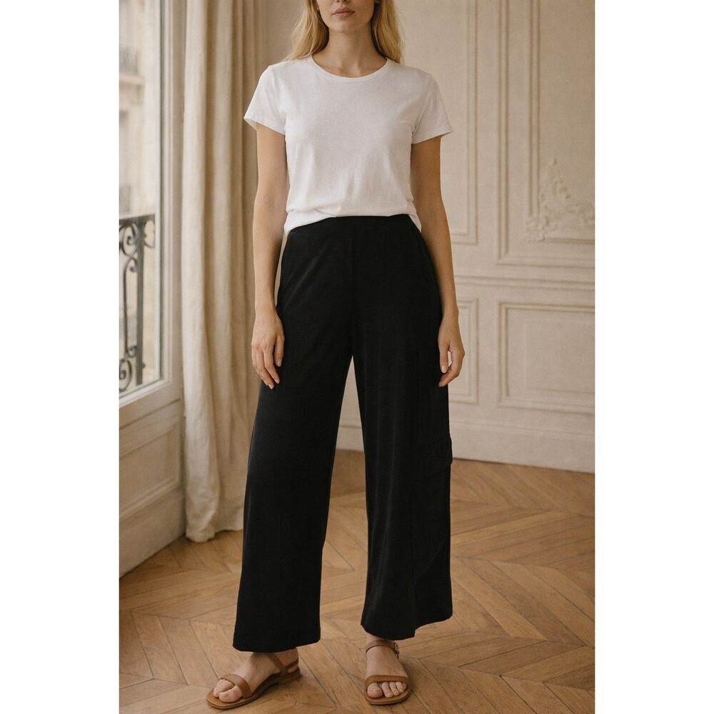 Sun Kim Women’s Black  Size L  Pants Elastic Waist Pull On Wide Leg